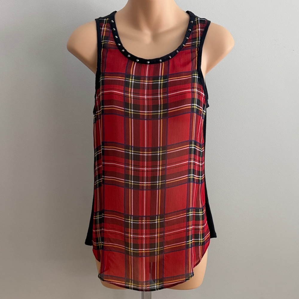 Red Tartan Plaid Sleeveless Tank Top - Studded Trim, size XSP